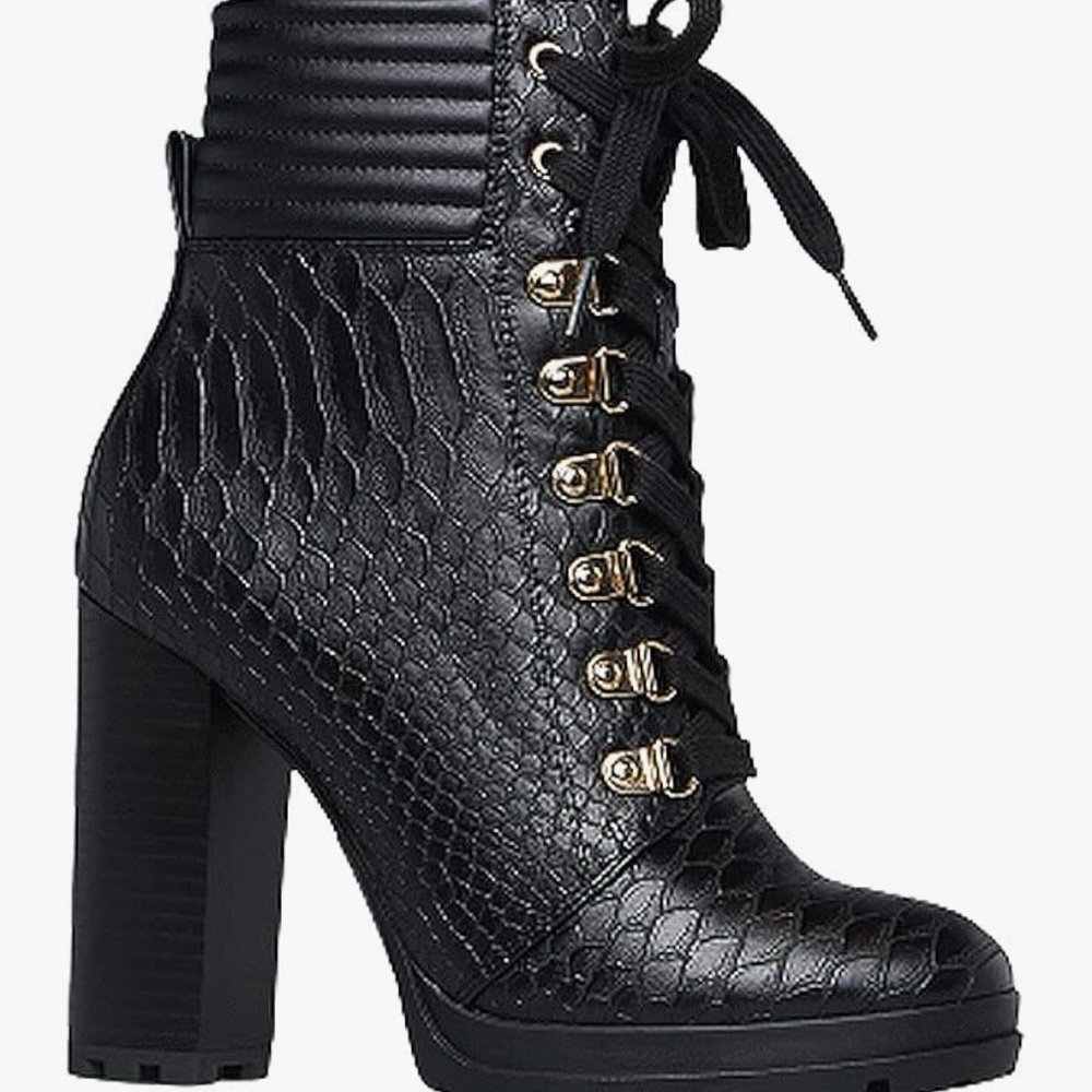 Shoe Dazzle Black Snake-Pattern Lace-Up Boots